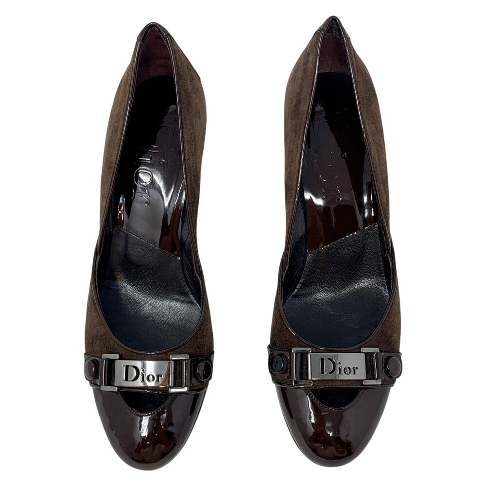 Vintage Dior Galliano Era Street Chic Brown Suede Patent Leather Logo Pumps 37.5